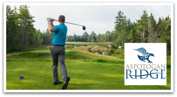 Man wearing a blue polo holding a golf club ready to swing facing the green on a course. Aspotogan Ridge logo in the bottom right corner.