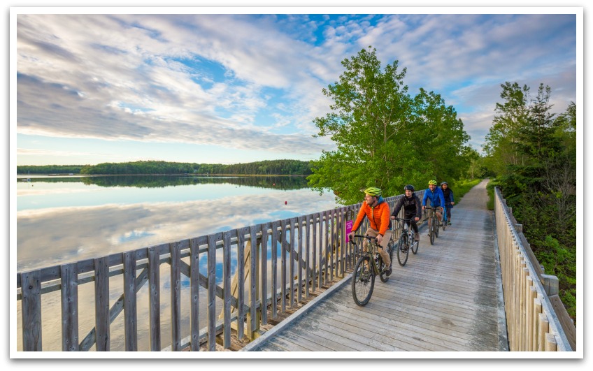 four cyclists on a bicycle bridge admiring a glass like lake reflecting the forestry.