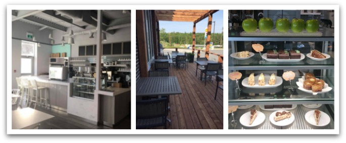 interior of the gold bean cafe in chester basin featuring their white counter and white bar chairs with chalk boards on the walls. Second photo shows patio with furniture. Third photo shows desserts on display.