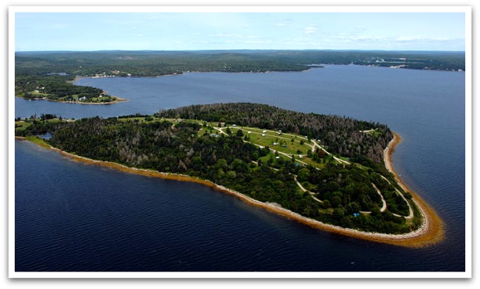 Aerial photo of Graves Island showing the central campground and forestry.
